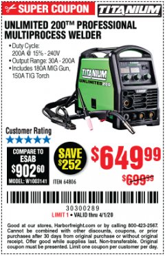 Harbor Freight Coupon TITANIUM UNLIMITED 200 PROFESSIONAL MULTIPROCESS WELDER WITH 120/240V INPUT Lot No. 57862/64806 Expired: 4/1/20 - $649.99