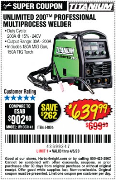 Harbor Freight Coupon TITANIUM UNLIMITED 200 PROFESSIONAL MULTIPROCESS WELDER WITH 120/240V INPUT Lot No. 57862/64806 Expired: 6/30/20 - $639.99