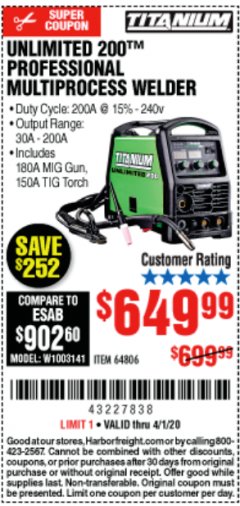 Harbor Freight Coupon TITANIUM UNLIMITED 200 PROFESSIONAL MULTIPROCESS WELDER WITH 120/240V INPUT Lot No. 57862/64806 Expired: 4/1/20 - $649.99