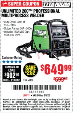 Harbor Freight Coupon TITANIUM UNLIMITED 200 PROFESSIONAL MULTIPROCESS WELDER WITH 120/240V INPUT Lot No. 57862/64806 Expired: 6/30/20 - $649.99