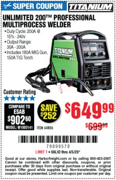 Harbor Freight Coupon TITANIUM UNLIMITED 200 PROFESSIONAL MULTIPROCESS WELDER WITH 120/240V INPUT Lot No. 57862/64806 Expired: 6/30/20 - $649.99