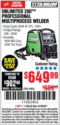 Harbor Freight Coupon TITANIUM UNLIMITED 200 PROFESSIONAL MULTIPROCESS WELDER WITH 120/240V INPUT Lot No. 57862/64806 Expired: 6/30/20 - $649.99