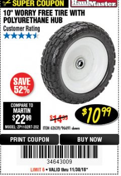 Harbor Freight Coupon HAUL-MASTER 10 IN. WORRY-FREE TIRE WITH POLYURETHANE HUB Lot No. 96691 Expired: 11/30/18 - $10.99