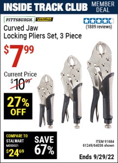 Harbor Freight ITC Coupon PITTSBURGH CURVED JAW LOCKING PLIERS SET, 3-PIECE Lot No. 64036/91684/61249 Expired: 9/29/22 - $7.99