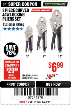 Harbor Freight Coupon PITTSBURGH CURVED JAW LOCKING PLIERS SET, 3-PIECE Lot No. 64036/91684/61249 Expired: 4/7/19 - $6.99