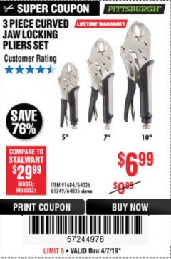 Harbor Freight Coupon PITTSBURGH CURVED JAW LOCKING PLIERS SET, 3-PIECE Lot No. 64036/91684/61249 Expired: 4/7/19 - $6.99