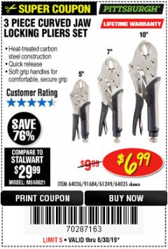 Harbor Freight Coupon PITTSBURGH CURVED JAW LOCKING PLIERS SET, 3-PIECE Lot No. 64036/91684/61249 Expired: 6/30/19 - $6.99