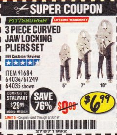 Harbor Freight Coupon PITTSBURGH CURVED JAW LOCKING PLIERS SET, 3-PIECE Lot No. 64036/91684/61249 Expired: 6/30/19 - $6.99