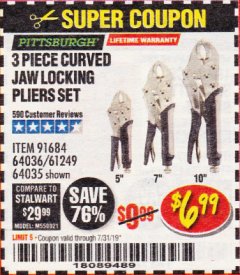 Harbor Freight Coupon PITTSBURGH CURVED JAW LOCKING PLIERS SET, 3-PIECE Lot No. 64036/91684/61249 Expired: 7/31/19 - $6.99