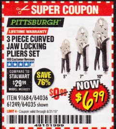 Harbor Freight Coupon PITTSBURGH CURVED JAW LOCKING PLIERS SET, 3-PIECE Lot No. 64036/91684/61249 Expired: 8/31/19 - $6.99