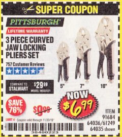 Harbor Freight Coupon PITTSBURGH CURVED JAW LOCKING PLIERS SET, 3-PIECE Lot No. 64036/91684/61249 Expired: 11/30/19 - $6.99