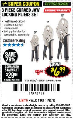 Harbor Freight Coupon PITTSBURGH CURVED JAW LOCKING PLIERS SET, 3-PIECE Lot No. 64036/91684/61249 Expired: 11/30/19 - $6.99
