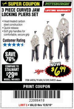 Harbor Freight Coupon PITTSBURGH CURVED JAW LOCKING PLIERS SET, 3-PIECE Lot No. 64036/91684/61249 Expired: 12/8/19 - $6.99
