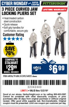 Harbor Freight Coupon PITTSBURGH CURVED JAW LOCKING PLIERS SET, 3-PIECE Lot No. 64036/91684/61249 Expired: 12/1/19 - $6.99