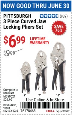 Harbor Freight Coupon PITTSBURGH CURVED JAW LOCKING PLIERS SET, 3-PIECE Lot No. 64036/91684/61249 Expired: 6/30/20 - $6.99