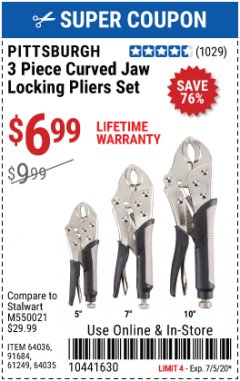 Harbor Freight Coupon PITTSBURGH CURVED JAW LOCKING PLIERS SET, 3-PIECE Lot No. 64036/91684/61249 Expired: 7/5/20 - $6.99