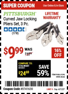Harbor Freight Coupon PITTSBURGH CURVED JAW LOCKING PLIERS SET, 3-PIECE Lot No. 64036/91684/61249 Expired: 4/7/22 - $9.99