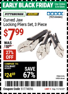 Harbor Freight Coupon PITTSBURGH CURVED JAW LOCKING PLIERS SET, 3-PIECE Lot No. 64036/91684/61249 Expired: 11/13/22 - $7.99