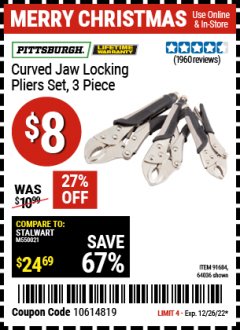 Harbor Freight Coupon PITTSBURGH CURVED JAW LOCKING PLIERS SET, 3-PIECE Lot No. 64036/91684/61249 Expired: 12/26/22 - $8