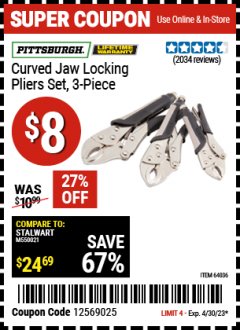 Harbor Freight Coupon PITTSBURGH CURVED JAW LOCKING PLIERS SET, 3-PIECE Lot No. 64036/91684/61249 Expired: 4/30/23 - $8