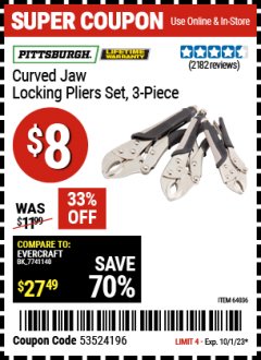Harbor Freight Coupon PITTSBURGH CURVED JAW LOCKING PLIERS SET, 3-PIECE Lot No. 64036/91684/61249 Expired: 10/1/23 - $8