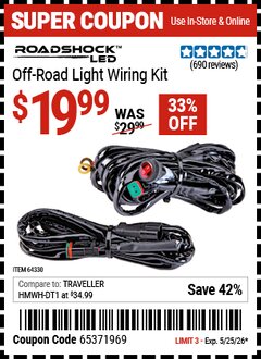 Harbor Freight Coupon ROADSHOCK OFF-ROAD LIGHT WIRING KIT Lot No. 64330 Valid Thru: 5/25/26 - $19.99