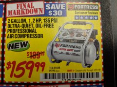 Harbor Freight Coupon FORTRESS 2 GALLON, 135 PSI ULTRA QUIET OIL-FREE HAND-CARRY JOBSITE AIR COMPRESSOR Lot No. 64596/64688 Expired: 1/31/19 - $159.99