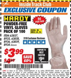 Harbor Freight ITC Coupon HARDY VINYL GLOVES, 100-PACK Lot No. 8934/63857/8935/63858/8936/63859 Expired: 12/31/18 - $3.99