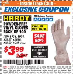 Harbor Freight ITC Coupon HARDY VINYL GLOVES, 100-PACK Lot No. 8934/63857/8935/63858/8936/63859 Expired: 3/31/19 - $3.99