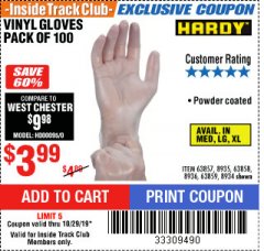 Harbor Freight ITC Coupon HARDY VINYL GLOVES, 100-PACK Lot No. 8934/63857/8935/63858/8936/63859 Expired: 10/29/19 - $3.99