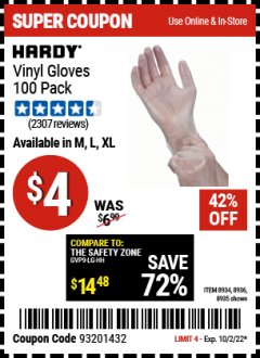 Harbor Freight Coupon HARDY VINYL GLOVES, 100-PACK Lot No. 8934/63857/8935/63858/8936/63859 Expired: 10/2/22 - $4