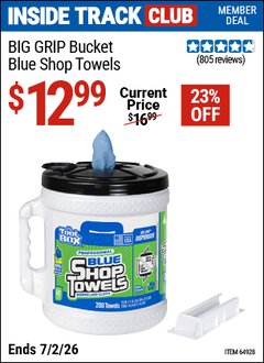 Harbor Freight ITC Coupon TOOLBOX BIG GRIP BUCKET BLUE SHOP TOWELS Lot No. 64928 Dates Valid: 12/31/69 - 7/2/26 - $12.99