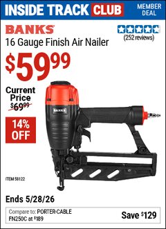 Harbor Freight Coupon BANKS 16 GAUGE FINISH AIR NAILER Lot No. 64137 Valid: 12/31/69 - 5/28/26 - $59.99