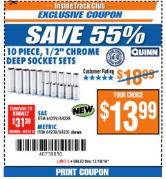 Harbor Freight ITC Coupon QUINN 1/2 IN. DRIVE CHROME DEEP SOCKET SET, 10-PIECE Lot No. 64229/64230 Expired: 12/18/18 - $13.99