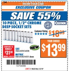 Harbor Freight ITC Coupon QUINN 1/2 IN. DRIVE CHROME DEEP SOCKET SET, 10-PIECE Lot No. 64229/64230 Expired: 1/2/19 - $13.99