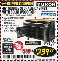 Harbor Freight Coupon YUKON 46 IN. MOBILE WORKBENCH WITH SOLID WOOD TOP Lot No. 64012/57779/57780 Expired: 4/30/19 - $239.99