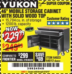 Harbor Freight Coupon YUKON 46 IN. MOBILE WORKBENCH WITH SOLID WOOD TOP Lot No. 64012/57779/57780 Expired: 6/19/19 - $229.99