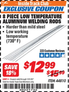 Harbor Freight ITC Coupon LOW-TEMPERATURE ALUMINUM WELDING RODS, 8-PACK Lot No. 44810 Expired: 1/31/20 - $12.99