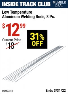 Harbor Freight ITC Coupon LOW-TEMPERATURE ALUMINUM WELDING RODS, 8-PACK Lot No. 44810 Expired: 3/31/22 - $12.99