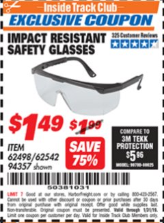 Harbor Freight ITC Coupon WESTERN SAFETY IMPACT-RESISTANT SAFETY GLASSES Lot No. 94357 Expired: 1/31/19 - $1.49