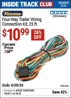 Harbor Freight ITC Coupon KENWAY 4-WAY TRAILER WIRING CONNECTION KIT, 25 FT. Lot No. 64053 Expired: 4/30/26 - $10.99