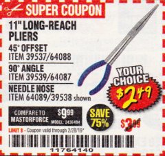 Harbor Freight Coupon PITTSBURGH 11 IN. LONG-REACH PLIERS Lot No. 64087/64088/64089 Expired: 2/28/19 - $2.49