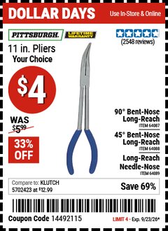 Harbor Freight Coupon PITTSBURGH 11 IN. LONG-REACH PLIERS Lot No. 64087/64088/64089 Valid Thru: 9/23/26 - $4
