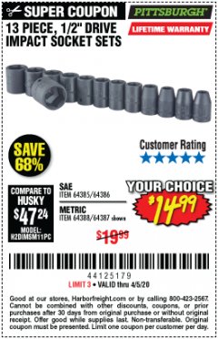 Harbor Freight Coupon PITTSBURGH 1/2 IN. DRIVE IMPACT SOCKET SET, 13-PIECE Lot No. 64387/64385 Expired: 6/30/20 - $14.99