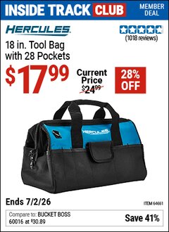 Harbor Freight ITC Coupon HERCULES 18 IN. TOOL BAG WITH 28 POCKETS Lot No. 64661 Dates Valid: 12/31/69 - 7/2/26 - $17.99