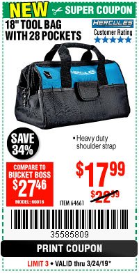 Harbor Freight Coupon HERCULES 18 IN. TOOL BAG WITH 28 POCKETS Lot No. 64661 Expired: 3/24/19 - $17.99