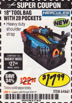 Harbor Freight Coupon HERCULES 18 IN. TOOL BAG WITH 28 POCKETS Lot No. 64661 Expired: 6/30/19 - $17.99