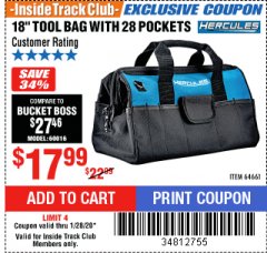Harbor Freight Coupon HERCULES 18 IN. TOOL BAG WITH 28 POCKETS Lot No. 64661 Expired: 1/28/20 - $17.99