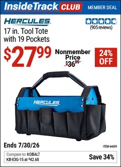 Harbor Freight ITC Coupon HERCULES 17 IN. TOOL TOTE WITH 19 POCKETS Lot No. 64659 Expired: 7/30/26 - $27.99