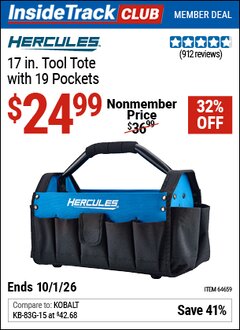Harbor Freight Coupon HERCULES 17 IN. TOOL TOTE WITH 19 POCKETS Lot No. 64659 Valid: 12/31/69 - 10/1/26 - $24.99